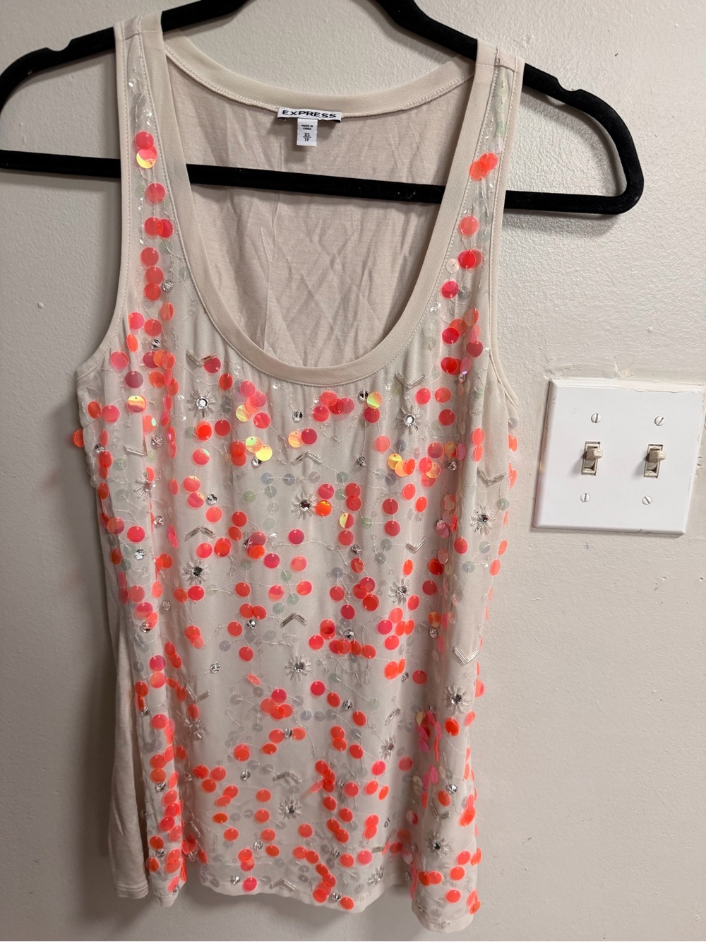 Express Cream Tank with Neon Coral Sequin Embellishment